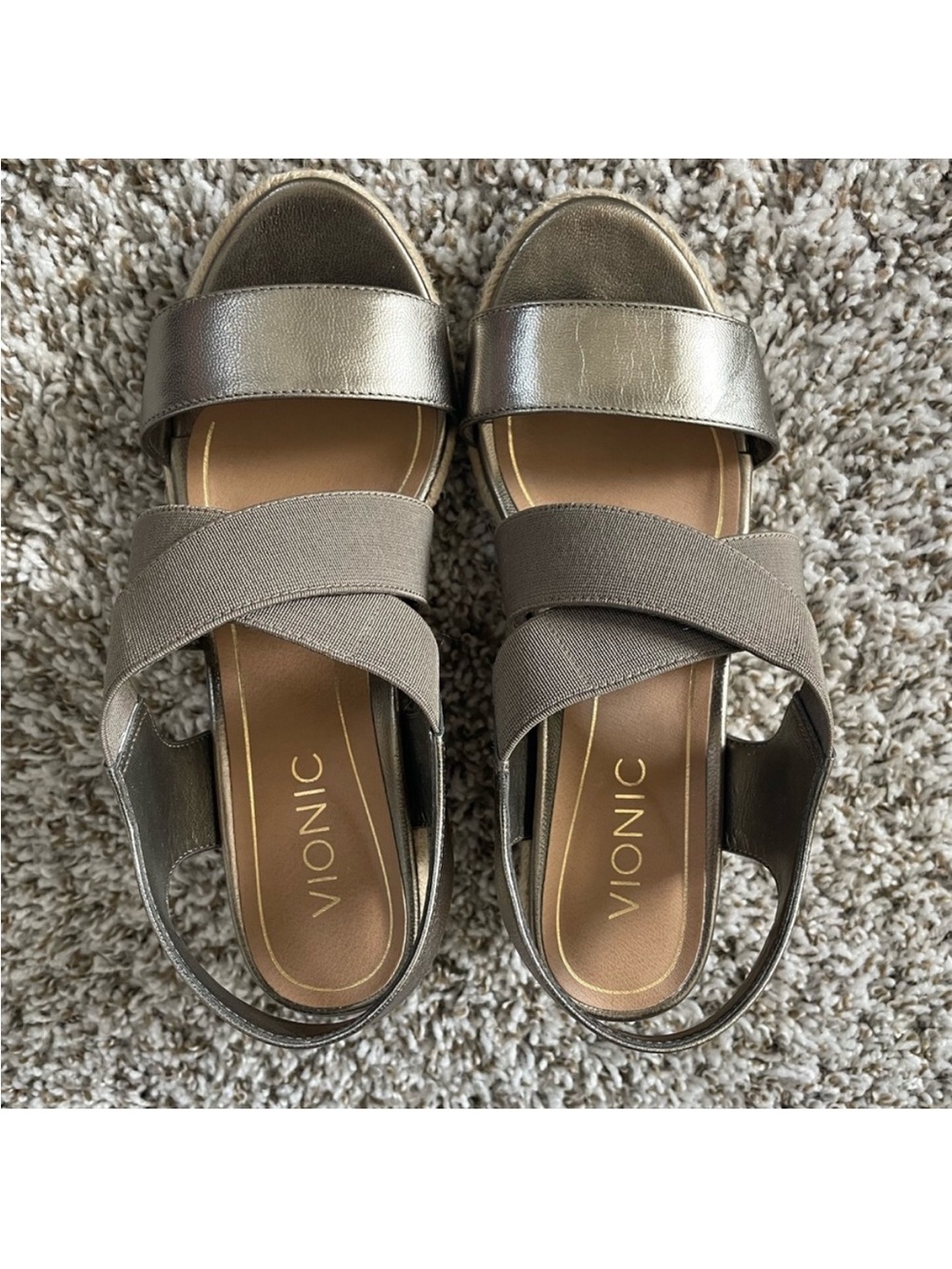Vionic Metallic Taupe Crisscross Wedge Sandals